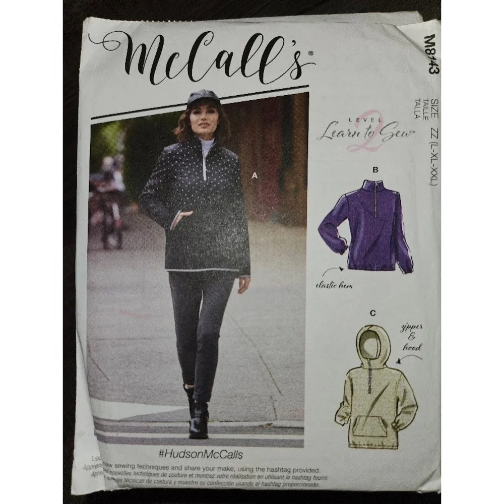 McCalls M8143 Misses Tops Sewing Pattern Quarter Zip Hoodie Fleece Uncut L-XXL